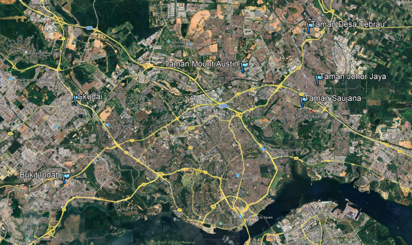 Aerial map of Vital Enterprise locations across Johor Bahru